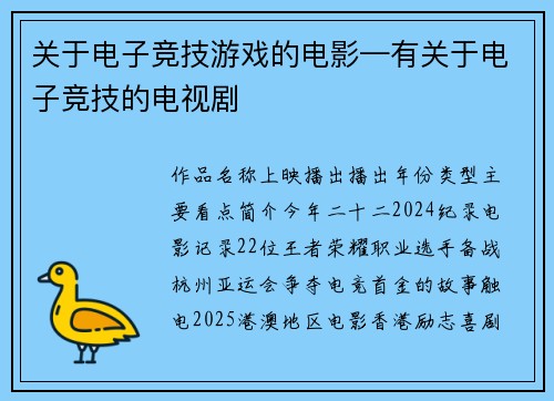 关于电子竞技游戏的电影—有关于电子竞技的电视剧